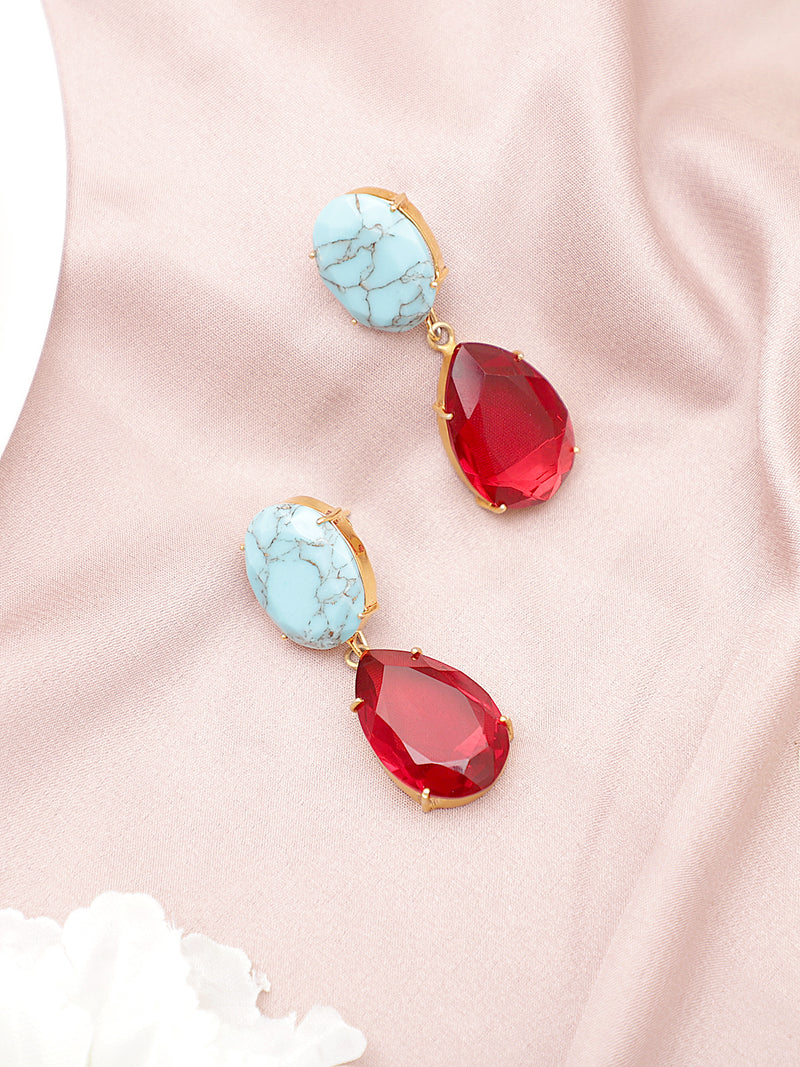 LE VALERIA TURQUOISE AND GARNET 2 IN 1 CONVERTIBLE DROP EARRINGS jewellery in 24K gold plating | XAGO Luxe