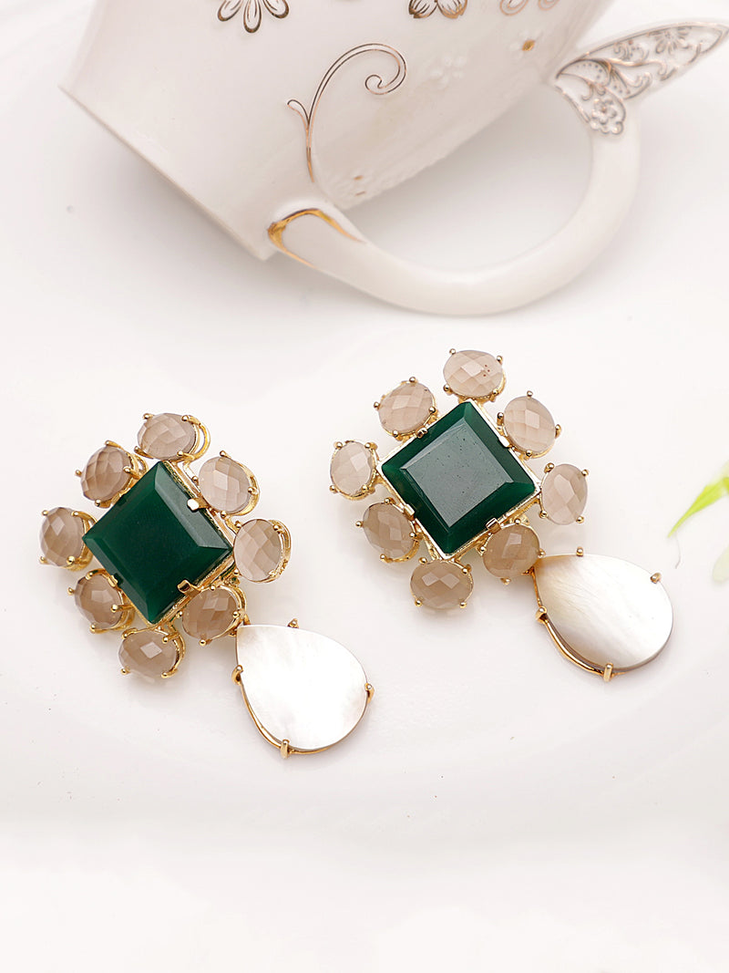 COSIMA GREEN ONYX & SMOKY QUARTZ CONVERT EARRING jewellery in 24K gold plating | XAGO Luxe