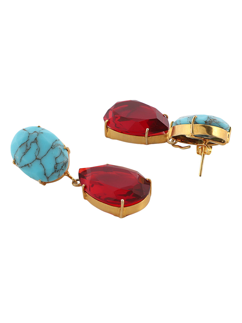LE VALERIA TURQUOISE AND GARNET 2 IN 1 CONVERTIBLE DROP EARRINGS jewellery in 24K gold plating | XAGO Luxe