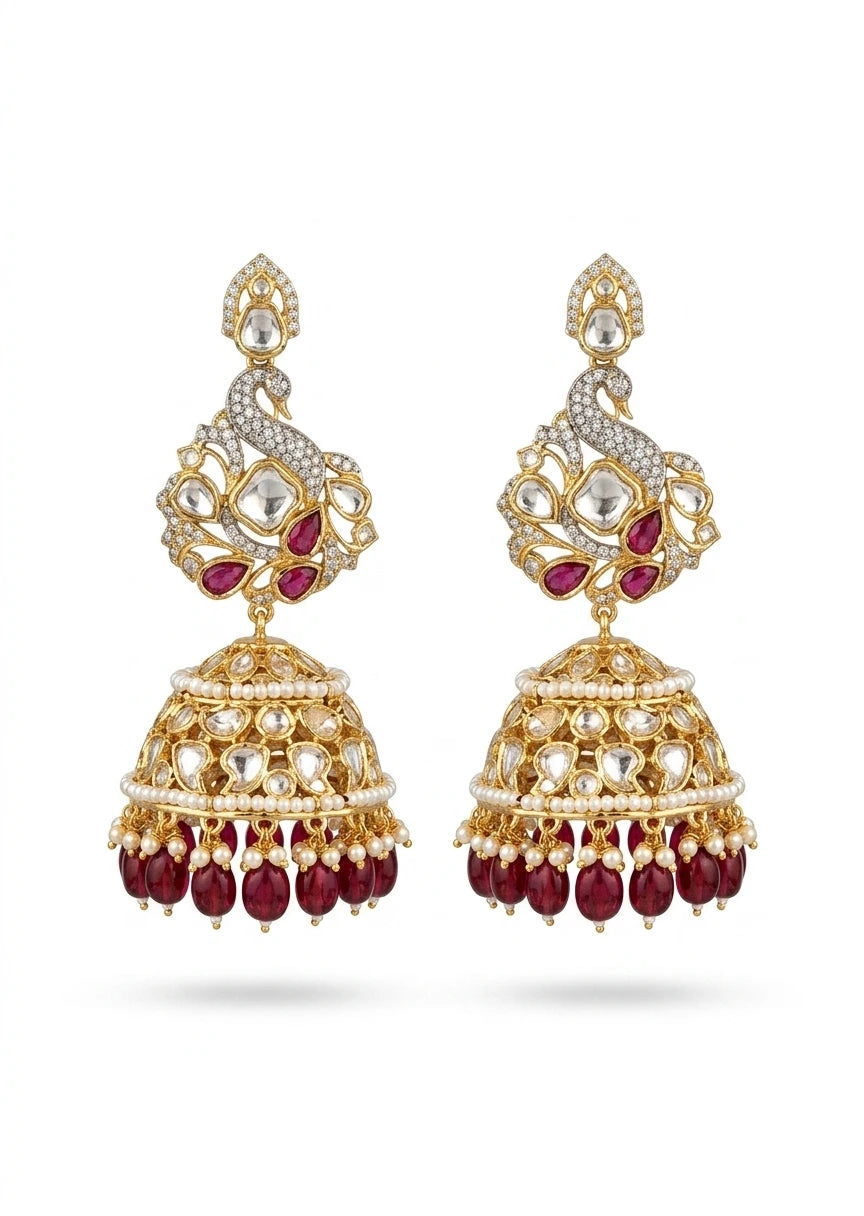 Contemporary Kundan Peacock Jhumka Earrings Ruby Drops XAGO Luxe