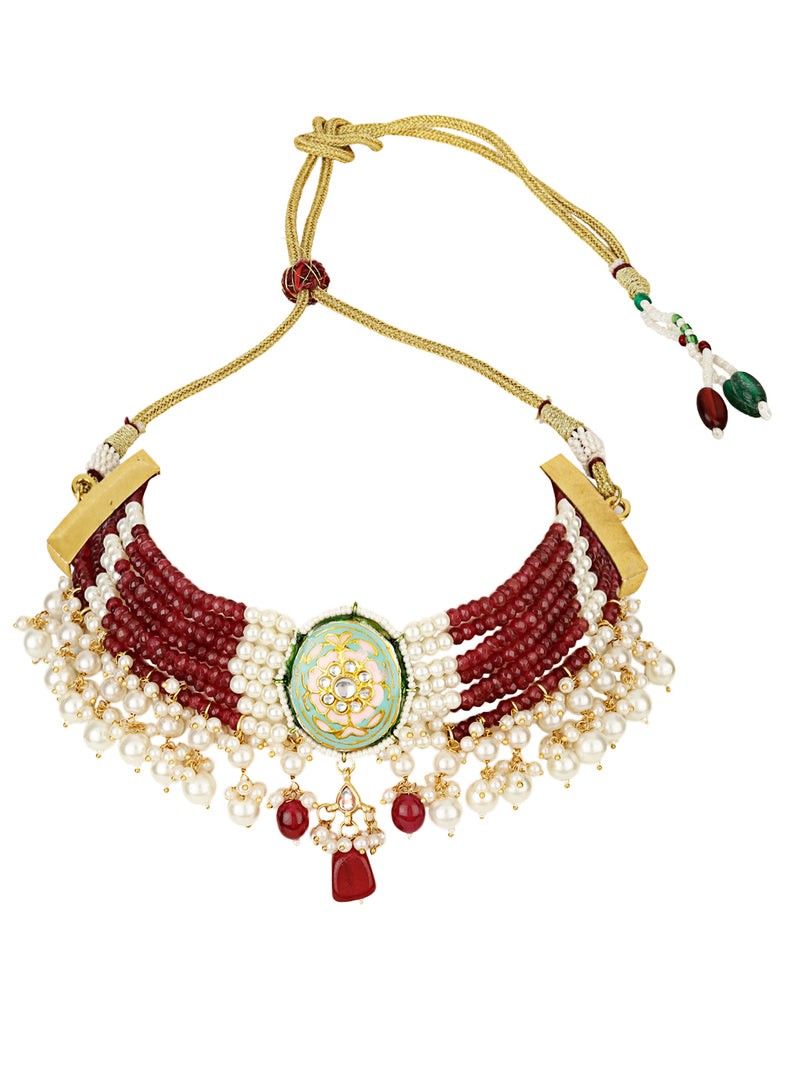 VRINDA MAROON BEADS & PEARLS KUNDAN NECKLACE SET jewellery in 24K gold plating | XAGO Luxe