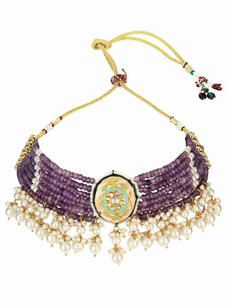 LAASYA PURPLE BEADS & WHITE PERALS KHUNDAN NECKLACE SET jewellery in 24K gold plating | XAGO Luxe
