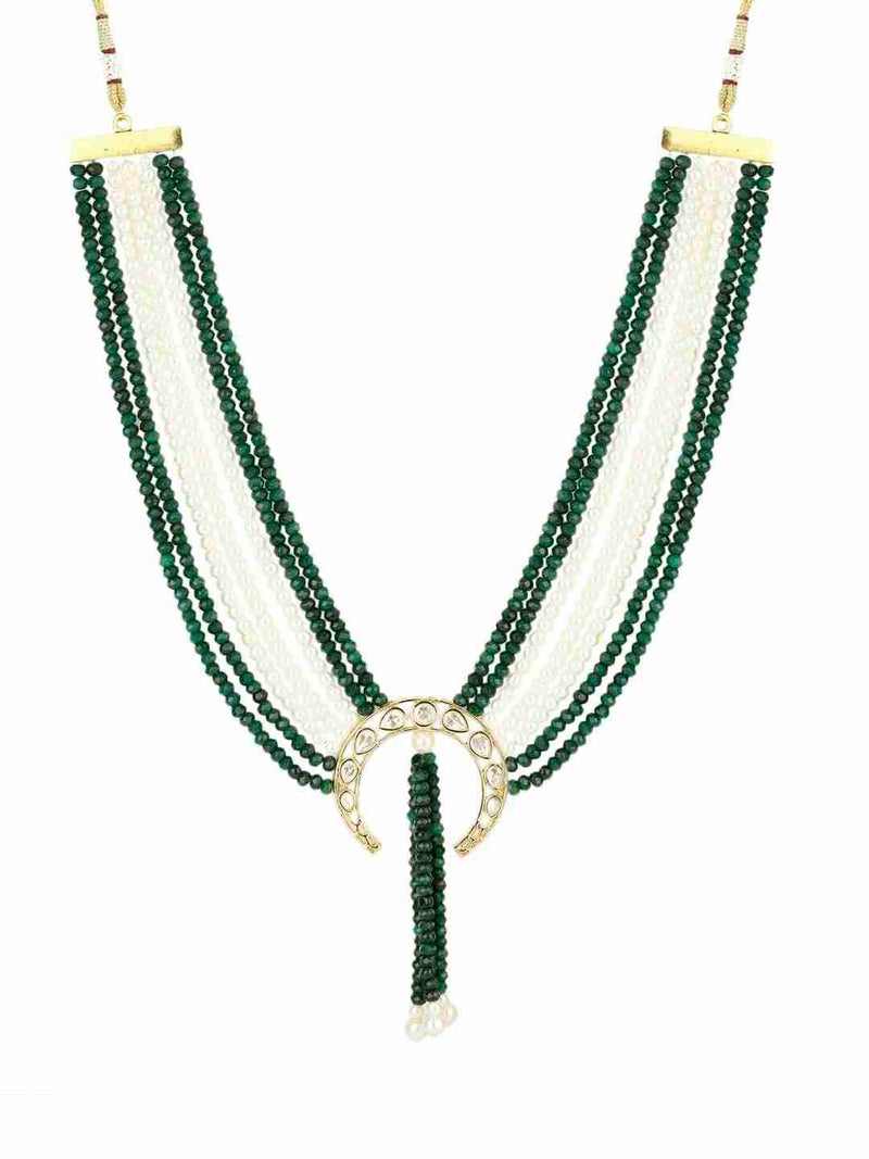 JASMIRA GREEN AND WHITE PEARLS KUNDAN NECKLACE SET jewellery in 24K gold plating | XAGO Luxe