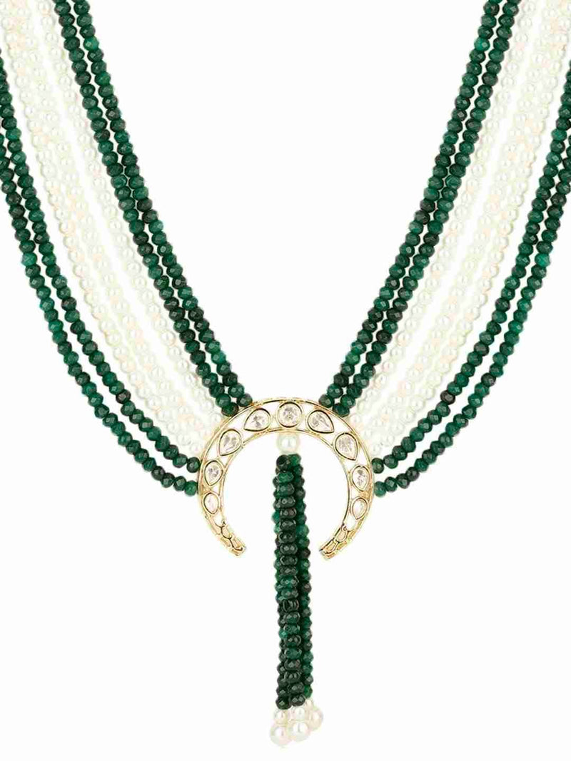 JASMIRA GREEN AND WHITE PEARLS KUNDAN NECKLACE SET jewellery in 24K gold plating | XAGO Luxe
