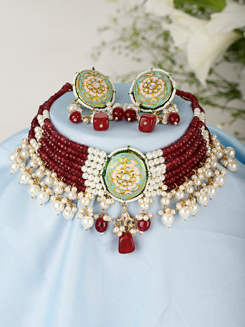 VRINDA MAROON BEADS & PEARLS KUNDAN NECKLACE SET jewellery in 24K gold plating | XAGO Luxe