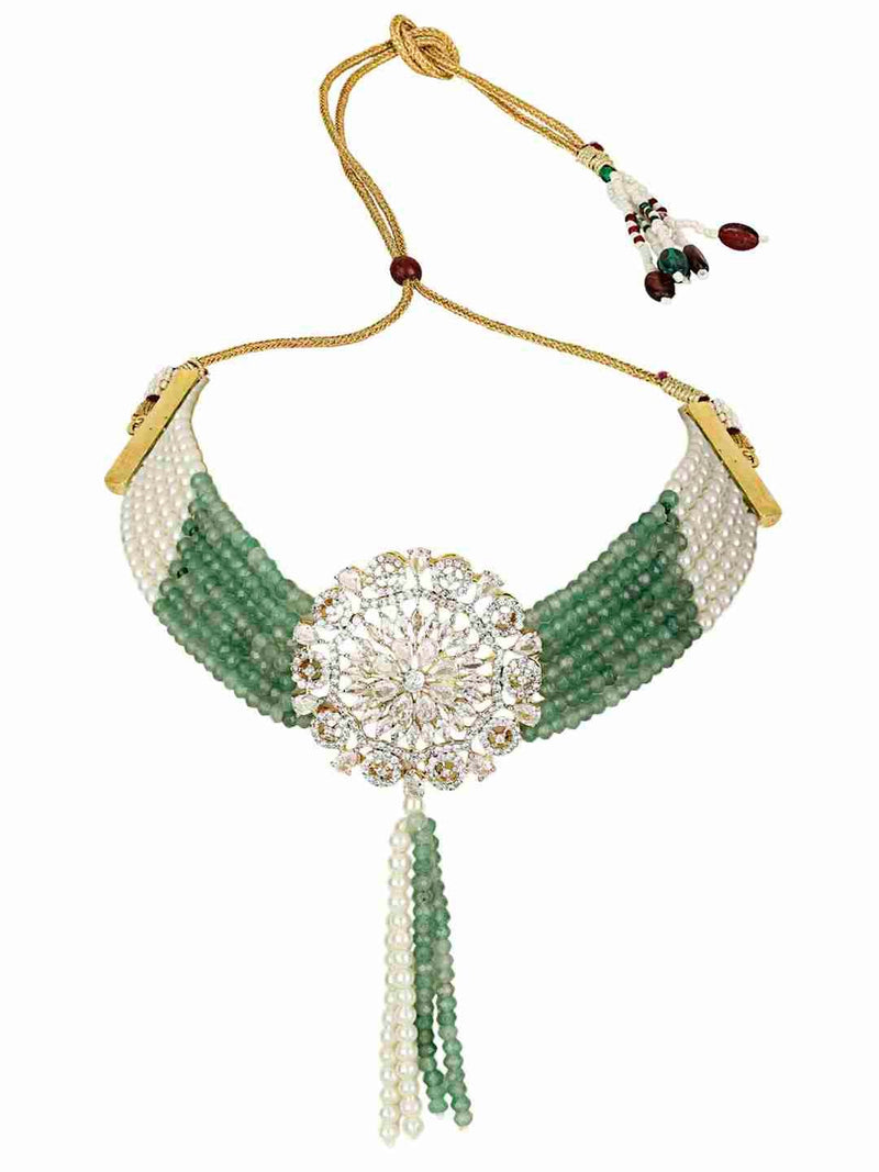 EKANTA GREEN AND WHITE  PEARLS KUNDAN NECKLACE SET jewellery in 24K gold plating | XAGO Luxe