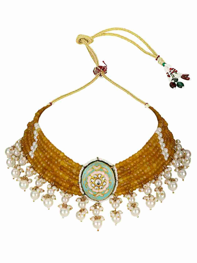 SALEENA YELLOW AND WHITE PEARLS KUNDAN NECKLACE SET jewellery in 24K gold plating | XAGO Luxe