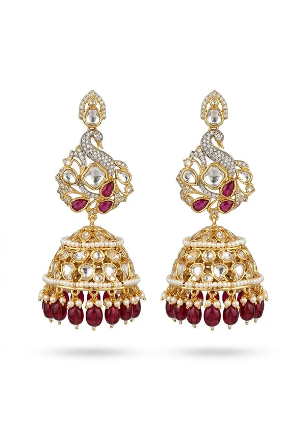 Mayūrarāgiṇī Contemporary Kundan Peacock Jhumka Earrings Ruby Drops XAGO Luxe