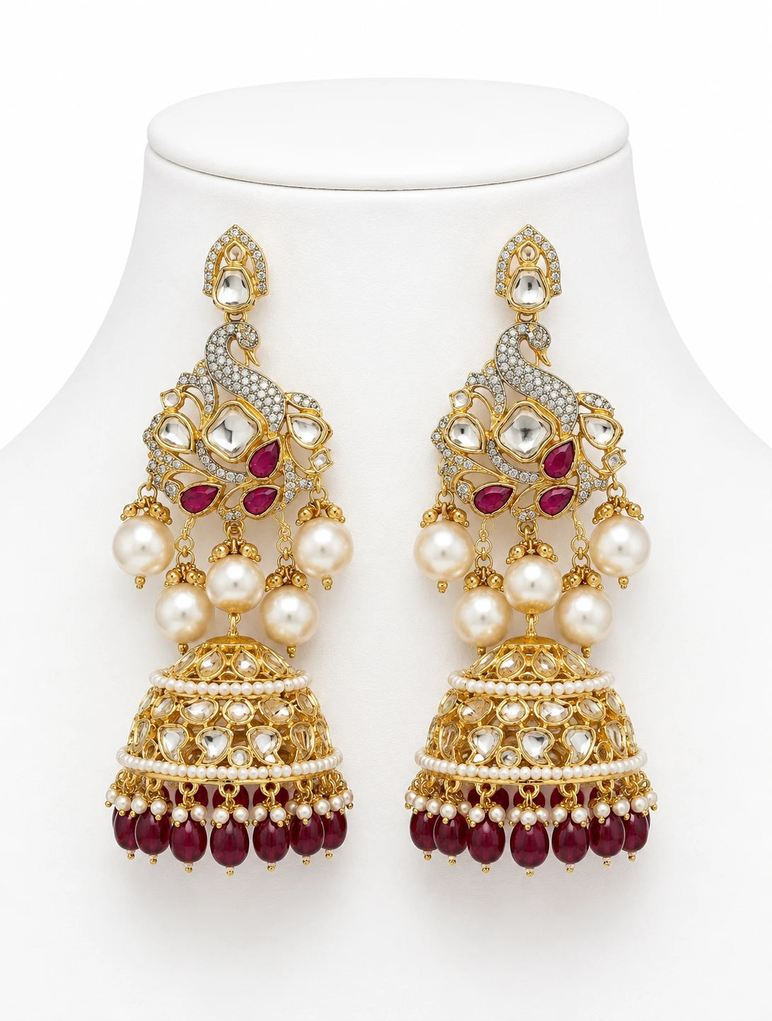 Mayūrarāgiṇī Contemporary Kundan Peacock Jhumka Earrings Ruby Drops XAGO Luxe