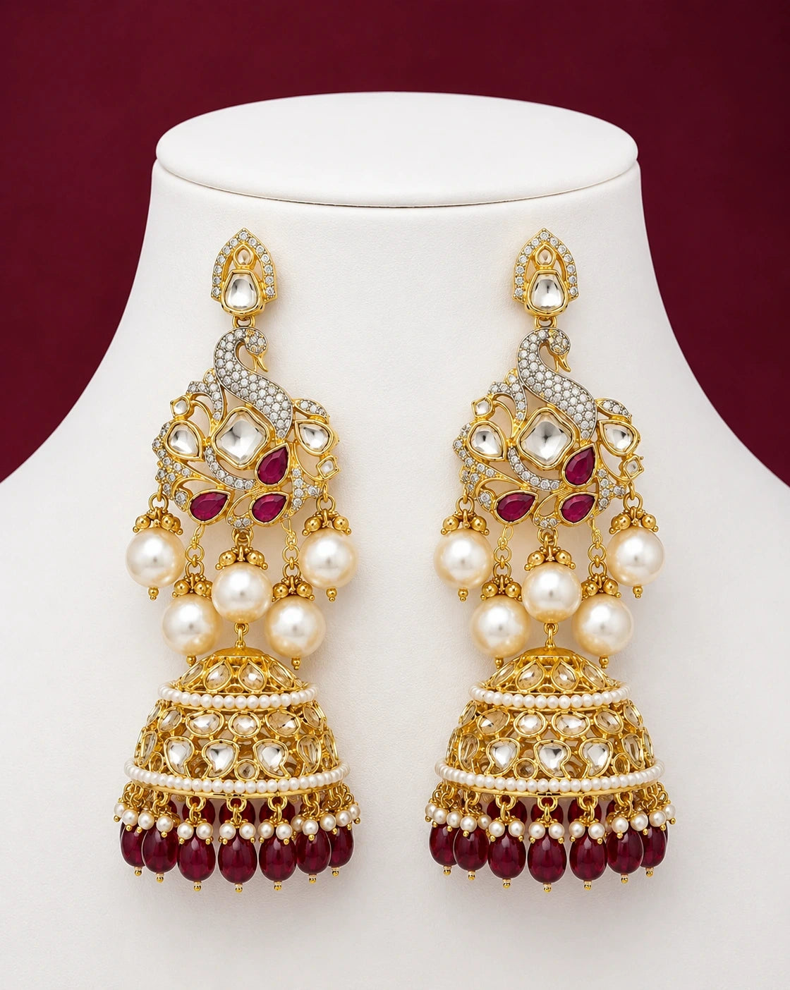 Mayūrarāgiṇī Contemporary Kundan Peacock Jhumka Earrings Ruby Drops XAGO Luxe