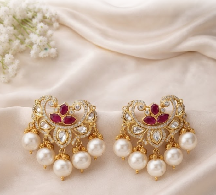 Modern CZ Cluster Studs Red Stone Leaf Brass XAGO Luxe