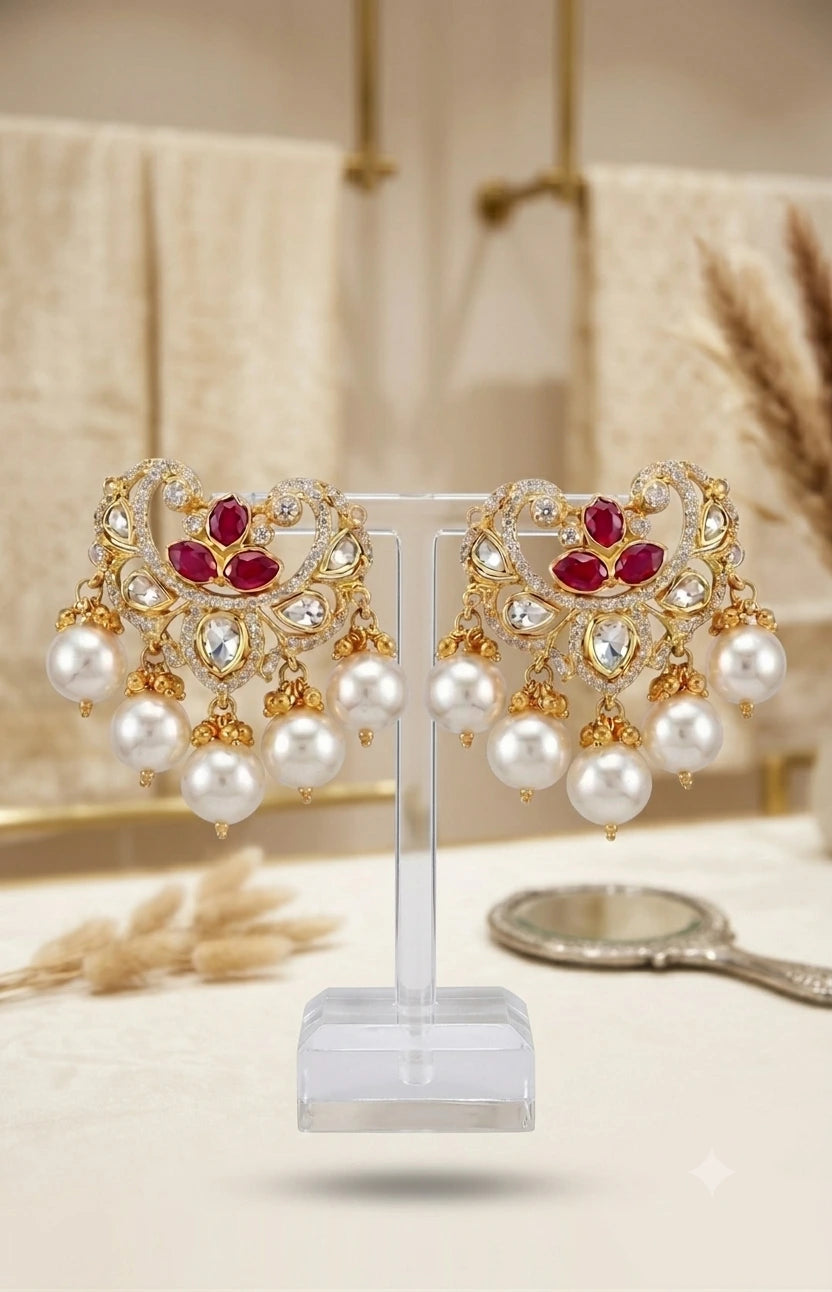 Modern CZ Cluster Studs Red Stone Leaf Brass XAGO Luxe