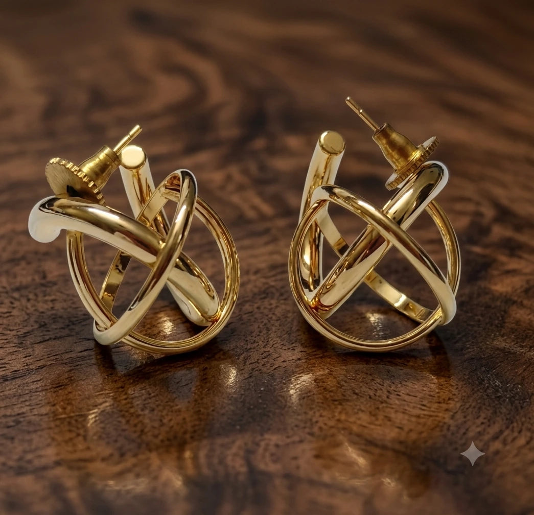 Modern Geometric 3D Abstract Cross Loop Stud Earrings Brass XAGO Luxe