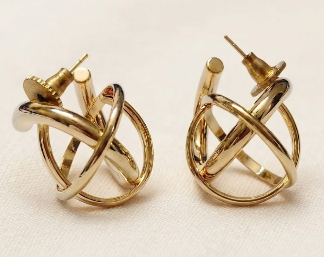 Modern Geometric 3D Abstract Cross Loop Stud Earrings Brass XAGO Luxe