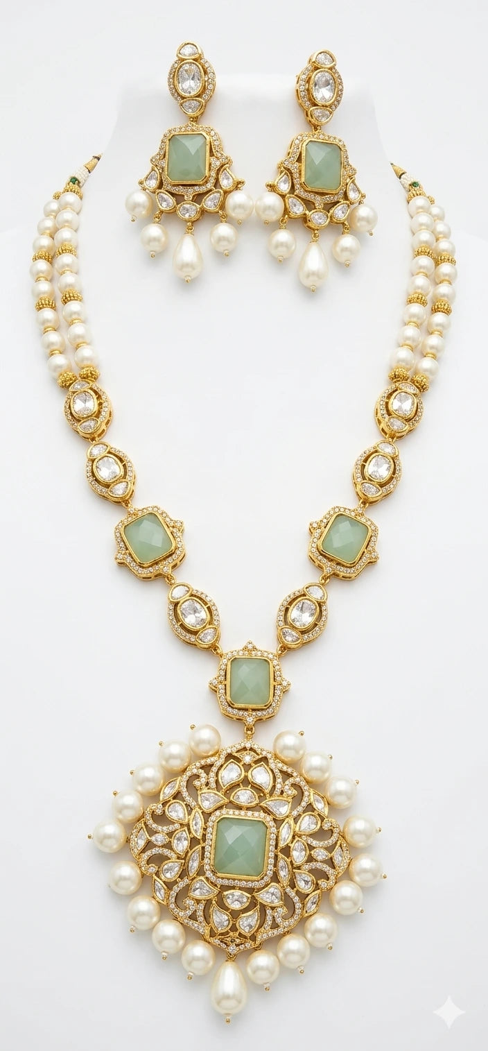 Modern Gold-Plated Pastel Green CZ Statement Necklace Set XAGO Luxe