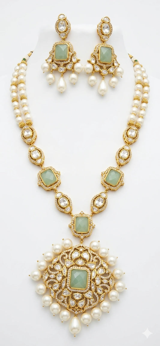 Modern Gold-Plated Pastel Green CZ Statement Necklace Set XAGO Luxe