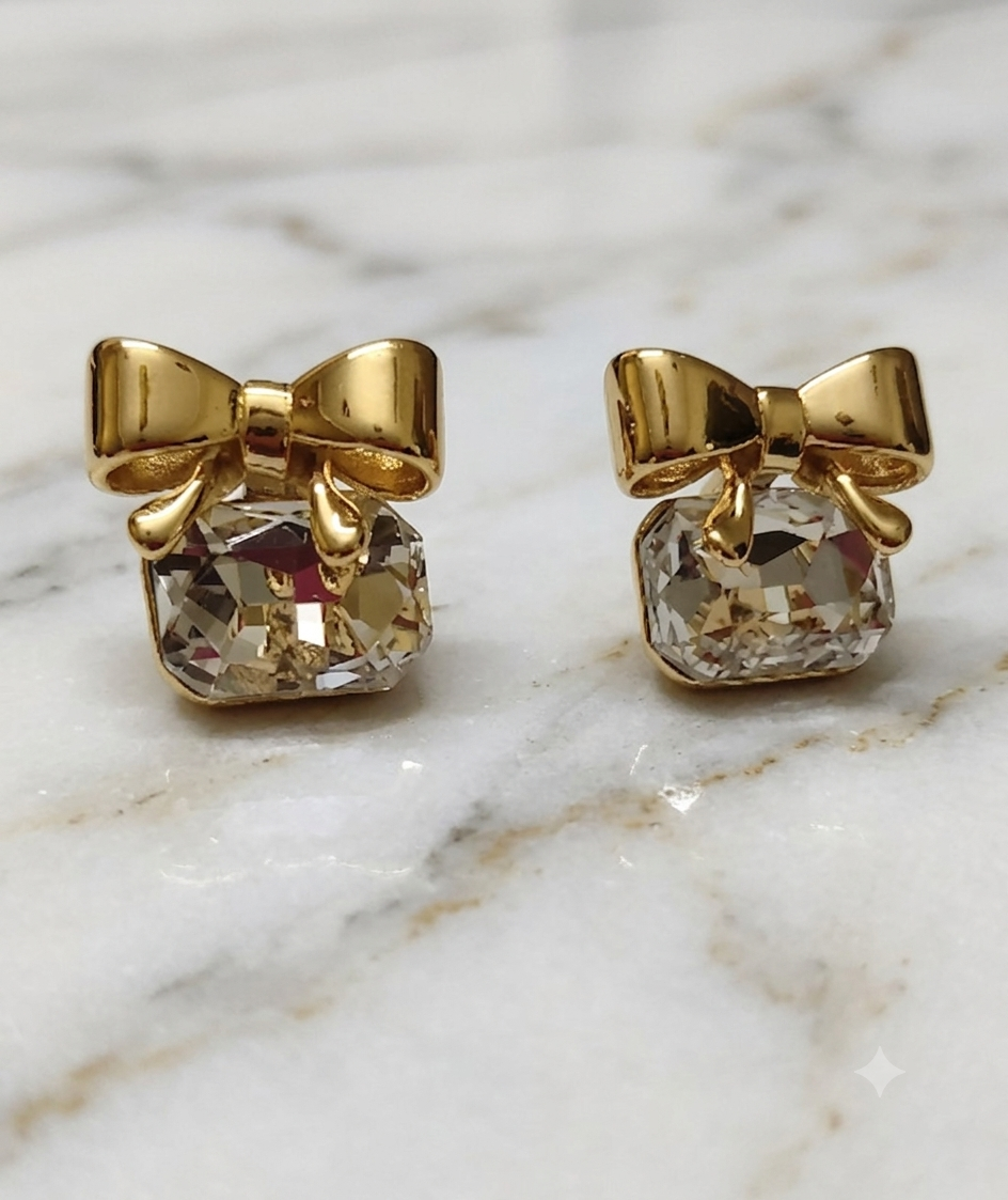 Modern Gold Bow Ribbon Cushion Gemstone Stud Earrings XAGO Luxe