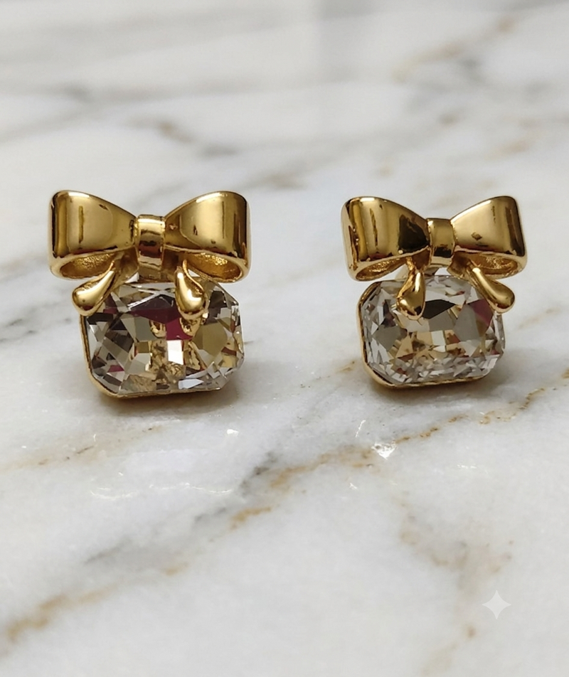Modern Gold Bow Ribbon Cushion Gemstone Stud Earrings XAGO Luxe