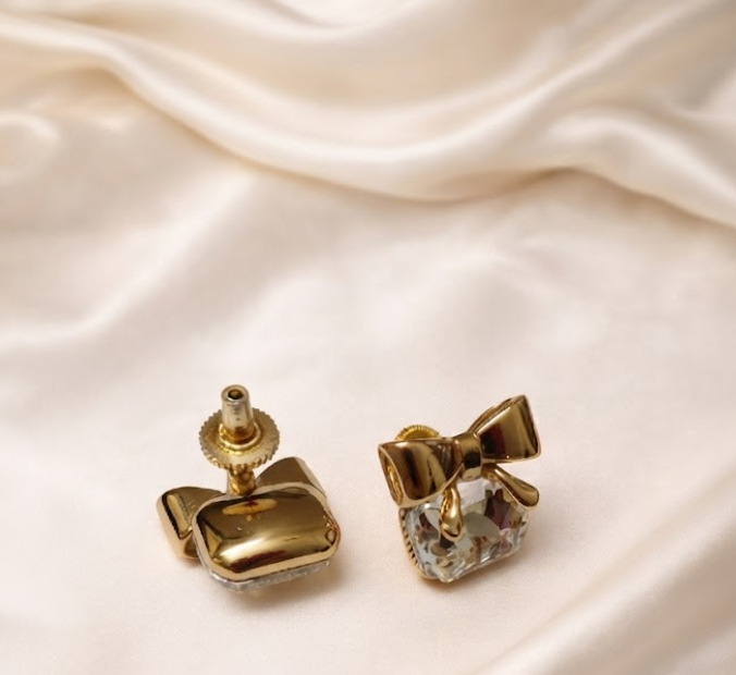 Modern Gold Bow Ribbon Cushion Gemstone Stud Earrings XAGO Luxe