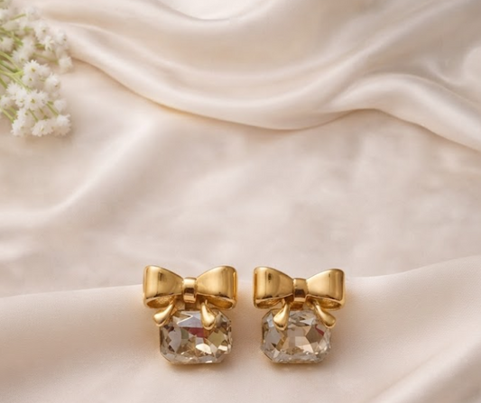 Modern Gold Bow Ribbon Cushion Gemstone Stud Earrings XAGO Luxe