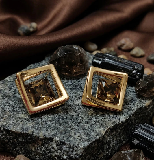 Modern Minimalist Square Drop-In Brown Zircon Stud Earrings