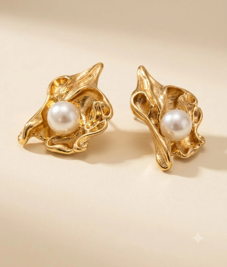 Modern Textured Molten Gold Shell Stud Earrings XAGO Luxe