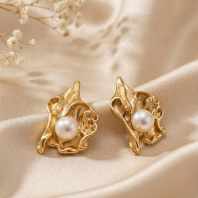 Modern Textured Molten Gold Shell Stud Earrings XAGO Luxe