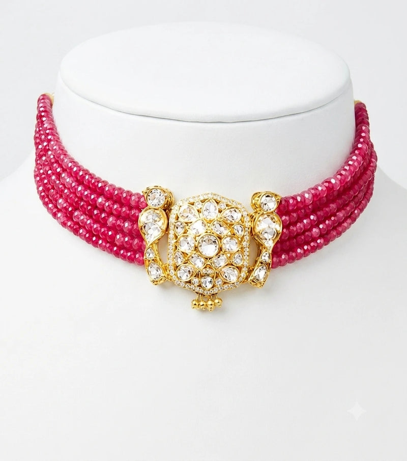 Multi-Strand  Pink Bead Kundan Choker