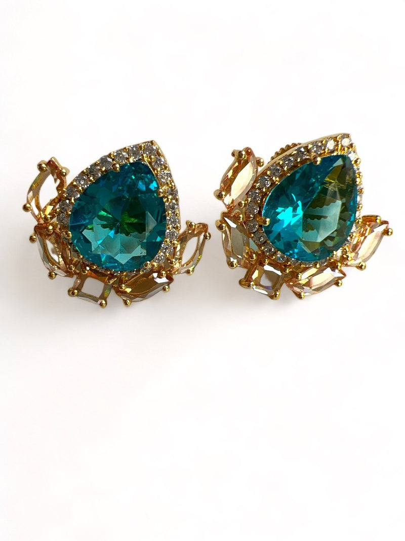 LE CARLOS GOLD TONED BLUE CONTEMPORARY SHAPED STUD EARRING jewellery in 24K gold plating | XAGO Luxe