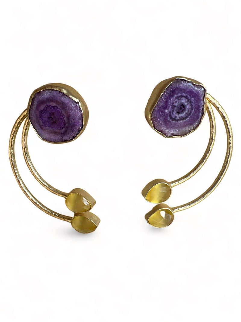 GOLD TONED PURPLE AND YELLOW CONTEMPORARY SHAPED DROP EARRINGS jewellery in 24K gold plating | XAGO Luxe