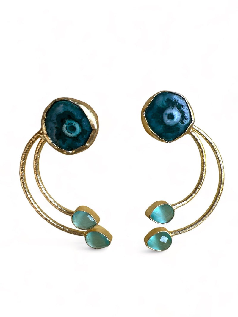 GOLD TONED GREEN AND BLUE CONTEMPORARY SHAPED DROP EARRINGS jewellery in 24K gold plating | XAGO Luxe