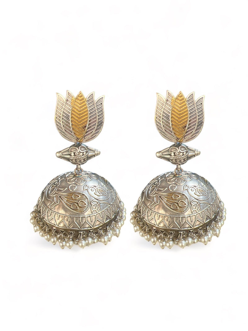 LE ISABELLA SILVER-TONED FLORAL SHAPED JHUMKA EARRINGS jewellery in 24K gold plating | XAGO Luxe