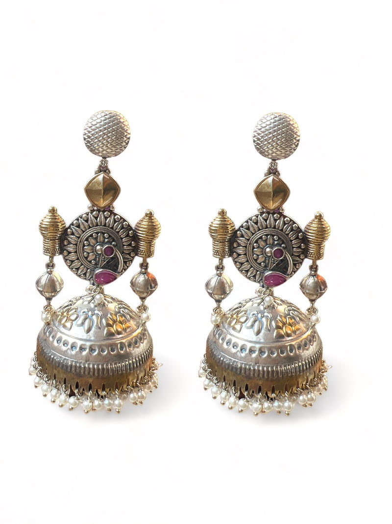 LE DIEGO SILVER-TONED FLORAL SHAPED JHUMKA EARRINGS jewellery in 24K gold plating | XAGO Luxe