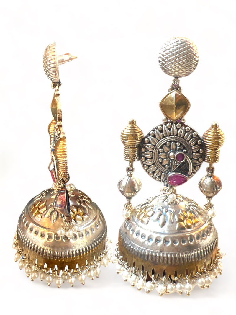 LE DIEGO SILVER-TONED FLORAL SHAPED JHUMKA EARRINGS jewellery in 24K gold plating | XAGO Luxe