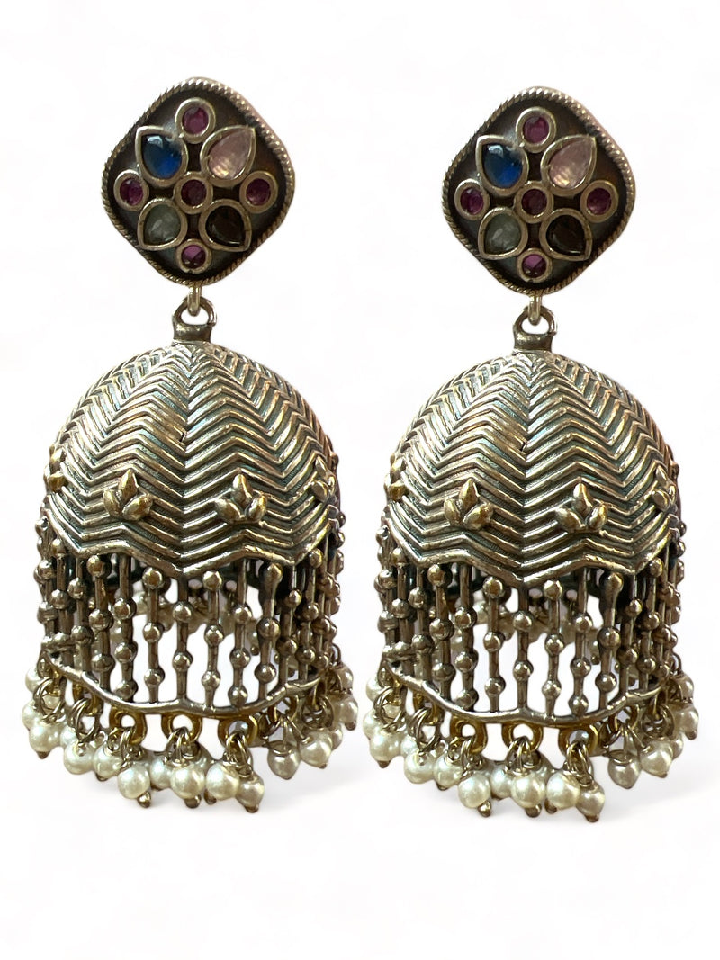 LE ELENA SILVER-TONED FLORAL SHAPED JHUMKA  EARRINGS jewellery in 24K gold plating | XAGO Luxe