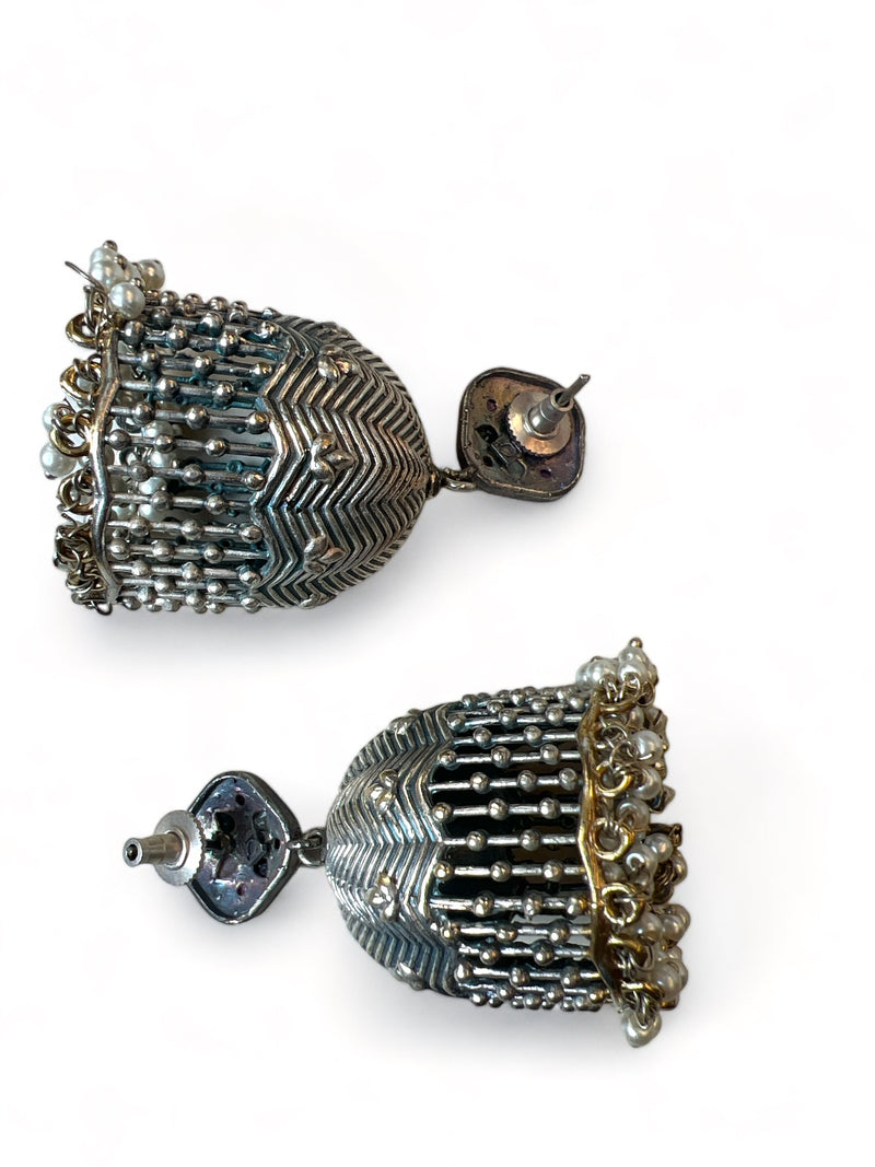 LE ELENA SILVER-TONED FLORAL SHAPED JHUMKA  EARRINGS jewellery in 24K gold plating | XAGO Luxe