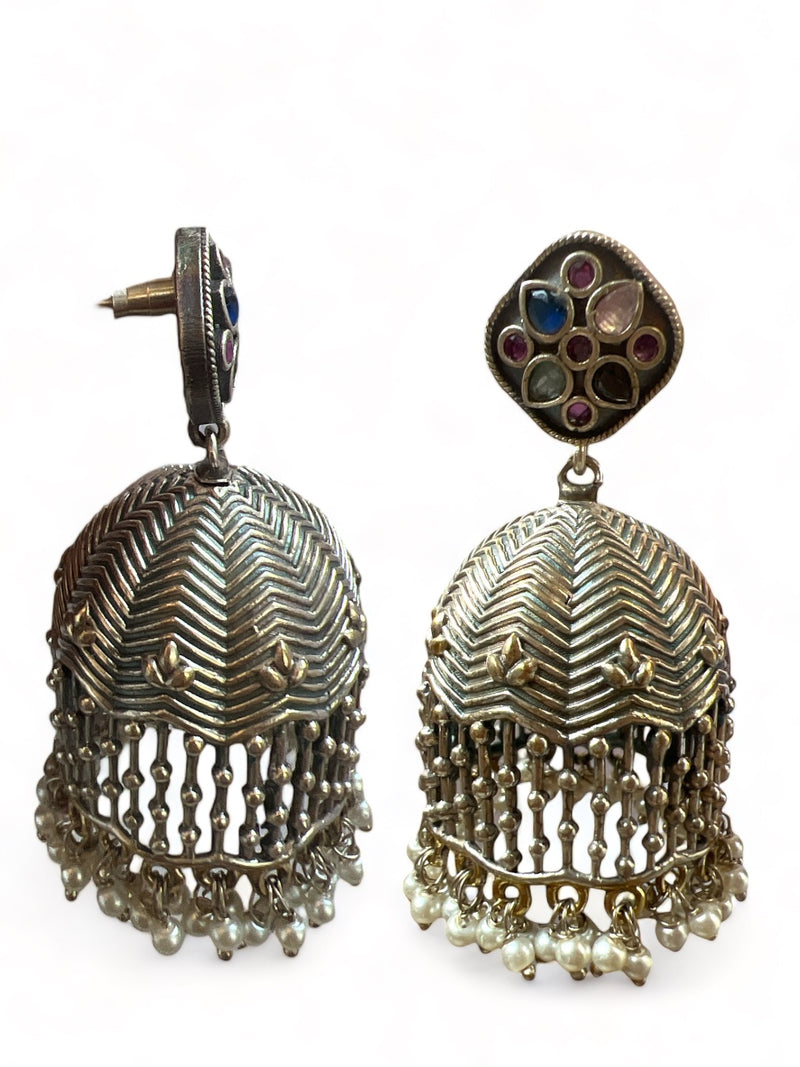 LE ELENA SILVER-TONED FLORAL SHAPED JHUMKA  EARRINGS jewellery in 24K gold plating | XAGO Luxe