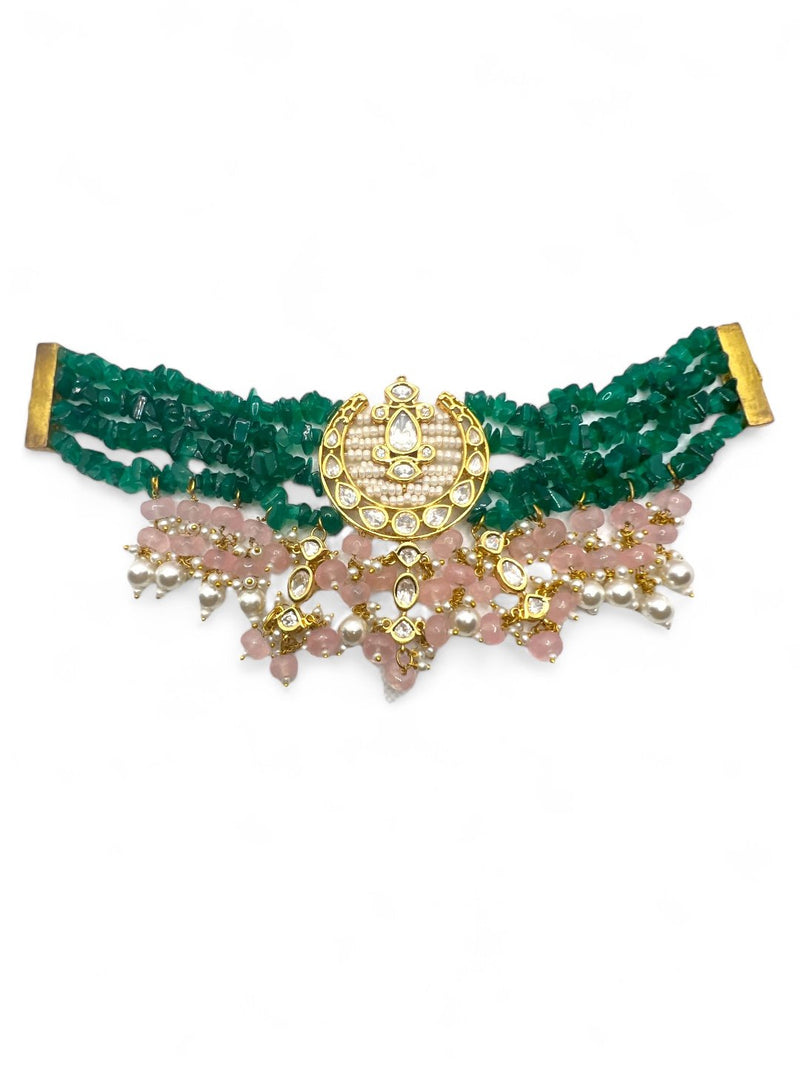 LE DARIO GREEN BEADS & WHITE KHUNDAN NECKLACE SET jewellery in 24K gold plating | XAGO Luxe