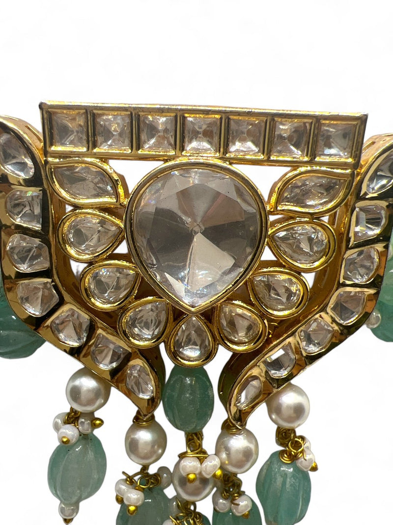 LE AJUSTIN GREEN BEADS & WHITE KHUNDAN NECKLACE SET jewellery in 24K gold plating | XAGO Luxe