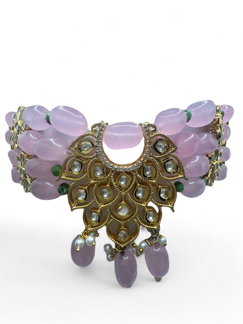 LE ANTONIO PINK BEADS & WHITE KHUNDAN NECKLACE SET jewellery in 24K gold plating | XAGO Luxe