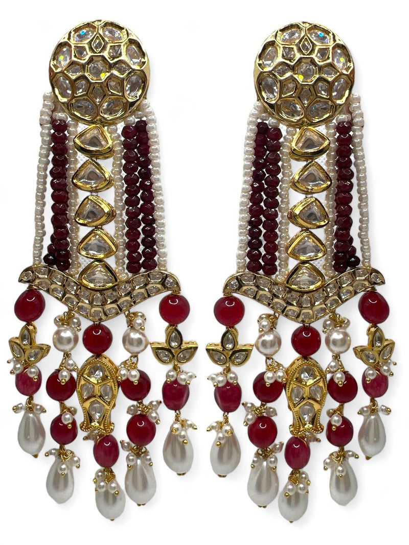 LE CARLOS MAROON PEARL & KUNDAN EARRINGS jewellery in 24K gold plating | XAGO Luxe
