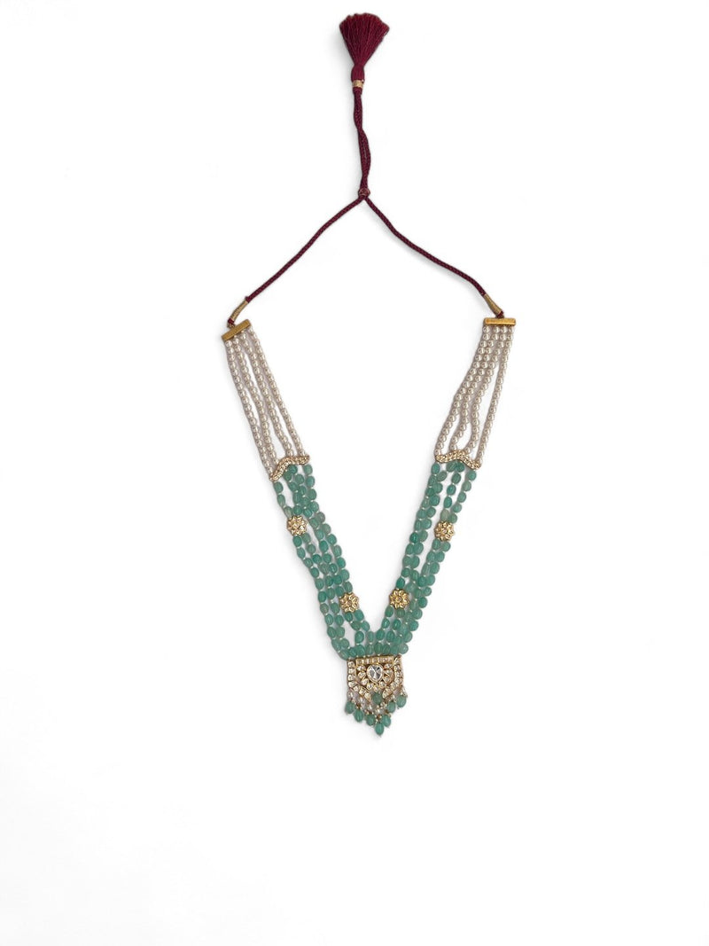 LE MANUEL SEA GREEN BEADS & WHITE KHUNDAN LONG NECKLACE SET jewellery in 24K gold plating | XAGO Luxe