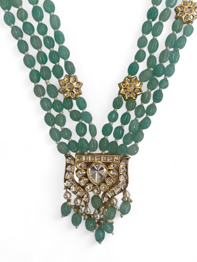 LE MANUEL SEA GREEN BEADS & WHITE KHUNDAN LONG NECKLACE SET jewellery in 24K gold plating | XAGO Luxe