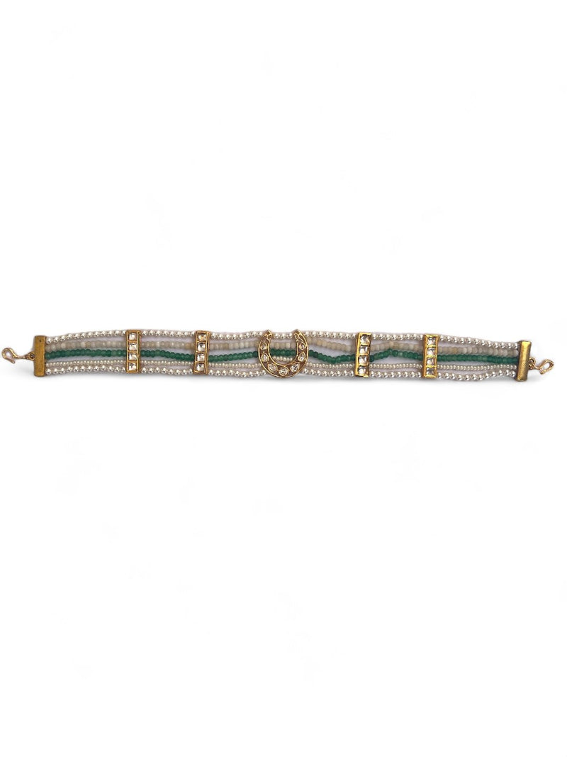 LE ALVARO GREEN AND WHITE GOLD PLATED KUNDAN STUDDED MATHAPATTI jewellery in 24K gold plating | XAGO Luxe