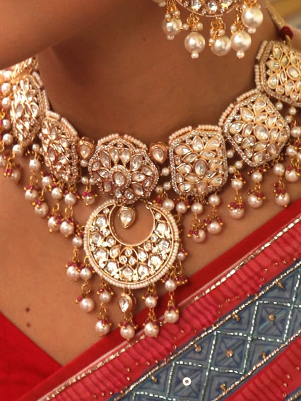 Mahira Kundan Polki & Pearl Bridal Choker Necklace in 22K gold-plated brass, handcrafted by XAGO