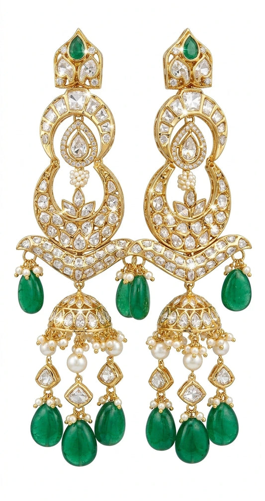 Traditional Kundan Chandbali Jhumka with Emerald Drops | XAGO Luxe