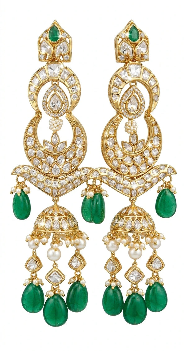 Traditional Kundan Chandbali Jhumka with Emerald Drops | XAGO Luxe