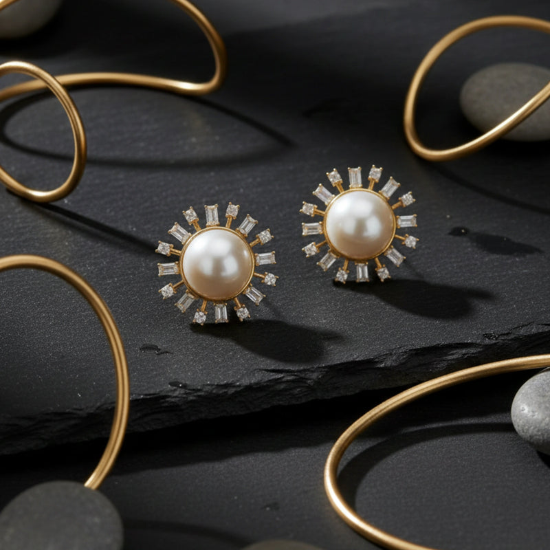 Xago Aurelia Pearl Burst Stud Earrings – Gold & CZ Statement Studs
