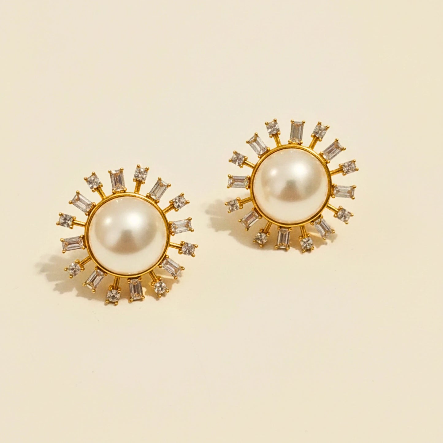 Xago Aurelia Pearl Burst Stud Earrings – Gold & CZ Statement Studs