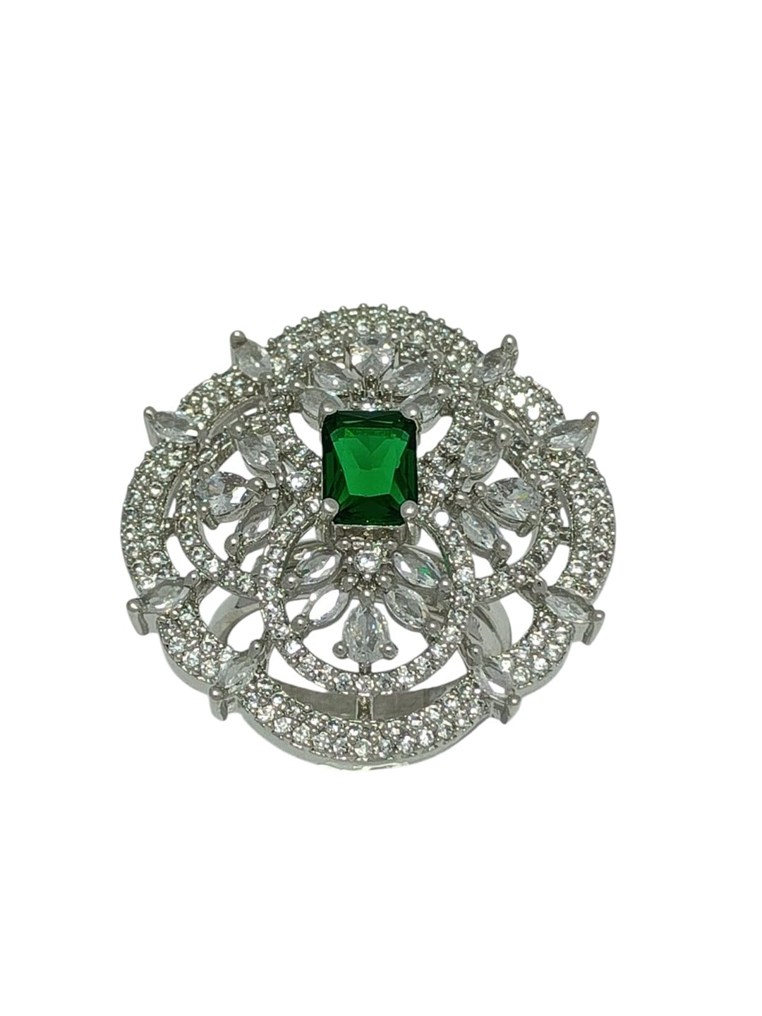 GREEN SILVER-PLATED FLOWER SHAP ADJUSTABLE FINGER RINGS